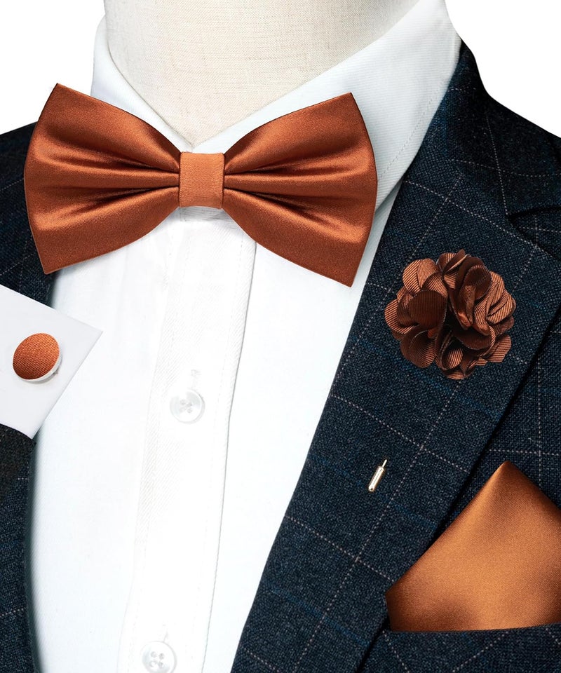 RBOCOTT Solid Color Bow Tie and Pocket Square with Lapel Pin Cufflinks Set 4PCS - Image 2